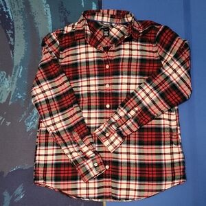 Lands' End Women's Red and Forest Green Plaid Button Down Shirt